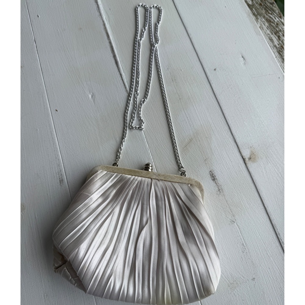 Sasha New York Cream Pleated Satin Evening Clutch Bag Silver Chain
